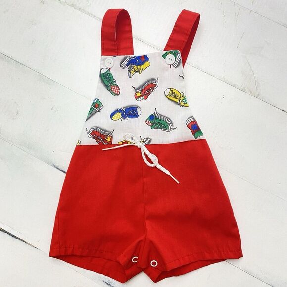 VTG Montgomery Ward Lightweight Red Shortalls Romper  12 Months Shoe Print - Picture 1 of 7